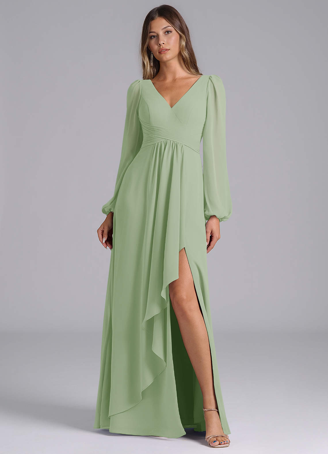sage green long sleeve bridesmaid dresses Azazie Norah