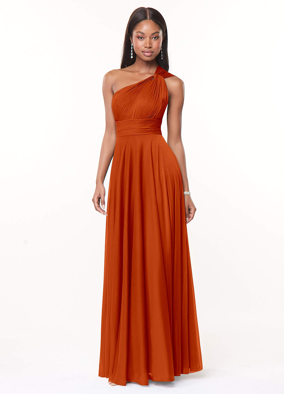 Azazie Charlize Bridesmaid Dresses Paprika A-Line One Shoulder Mesh Dress image2
