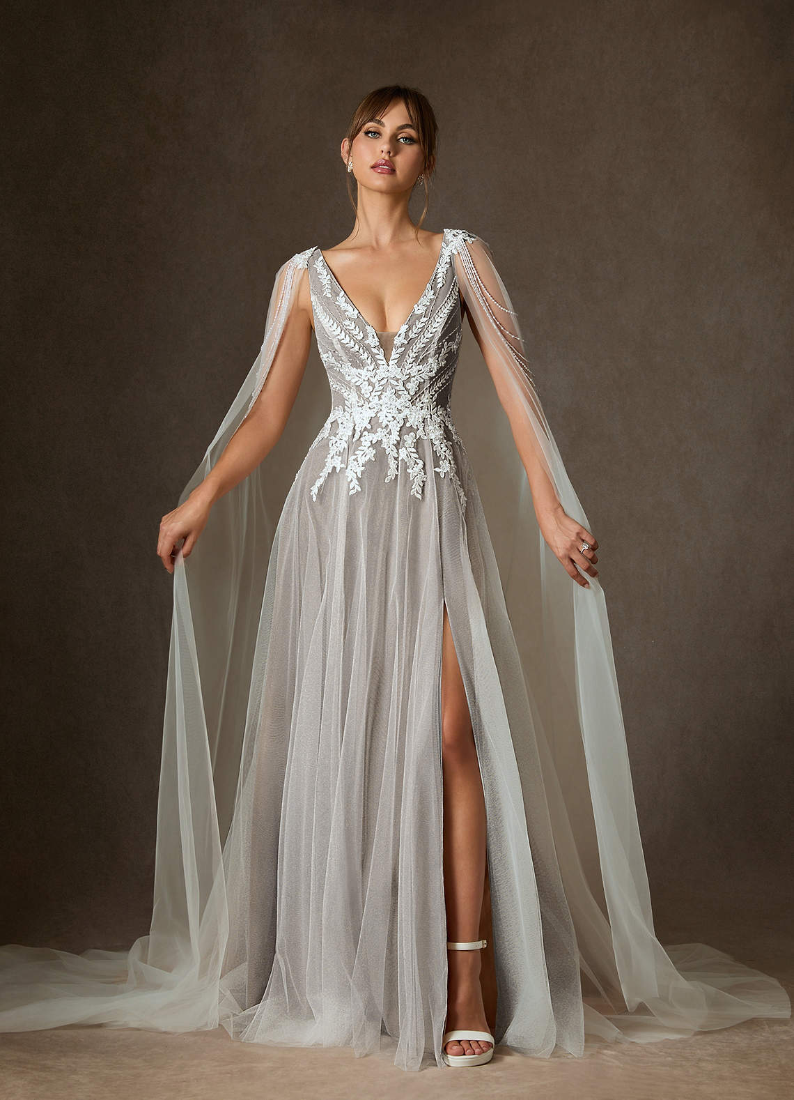 Azazie Goddess Diamond White Cocoa A-Line V-Neck Sequins Tulle