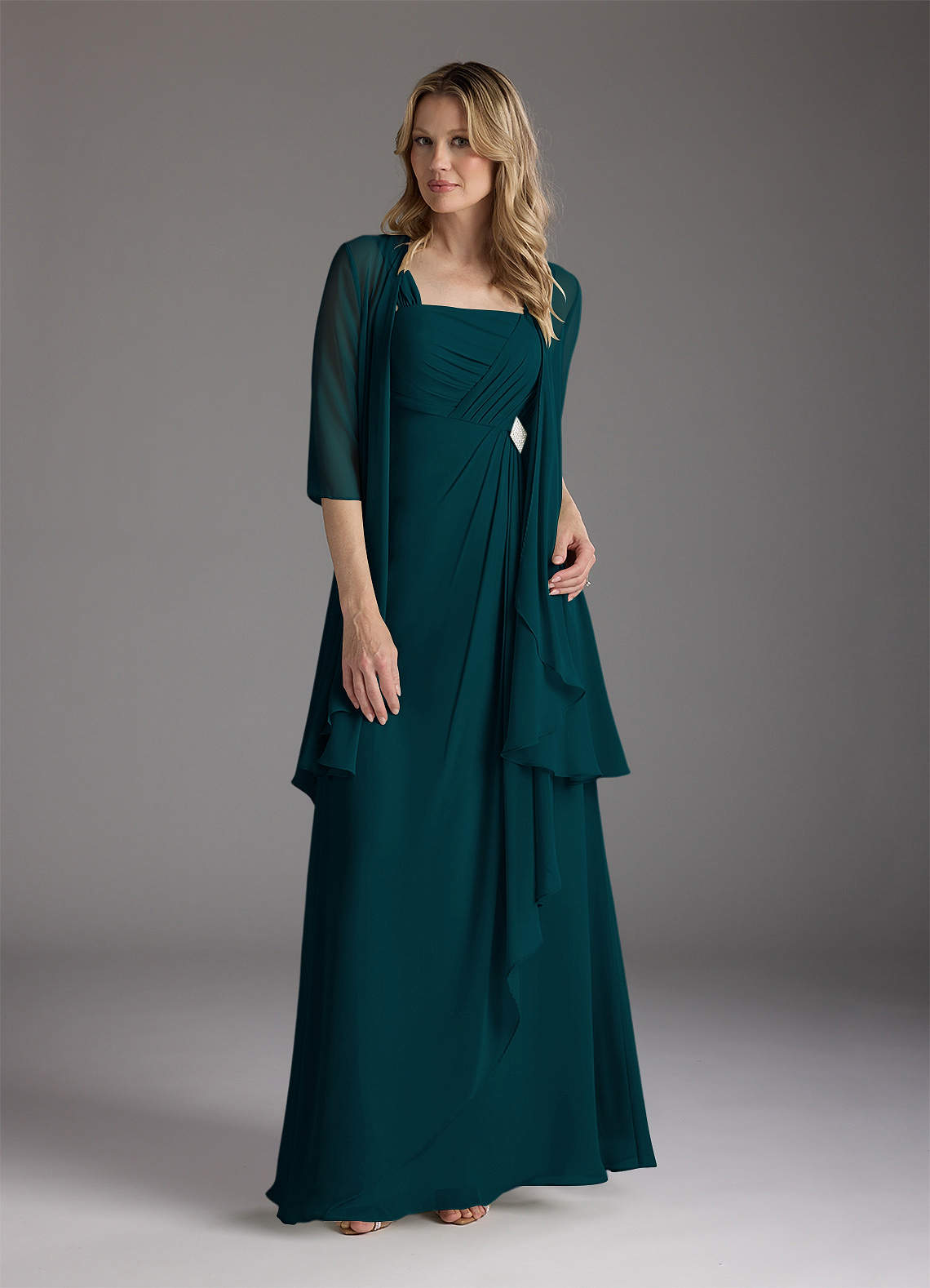 Azazie Weisz Mother of the Bride Dresses Pine A-Line Square Neckline Pleated Chiffon Dress image2