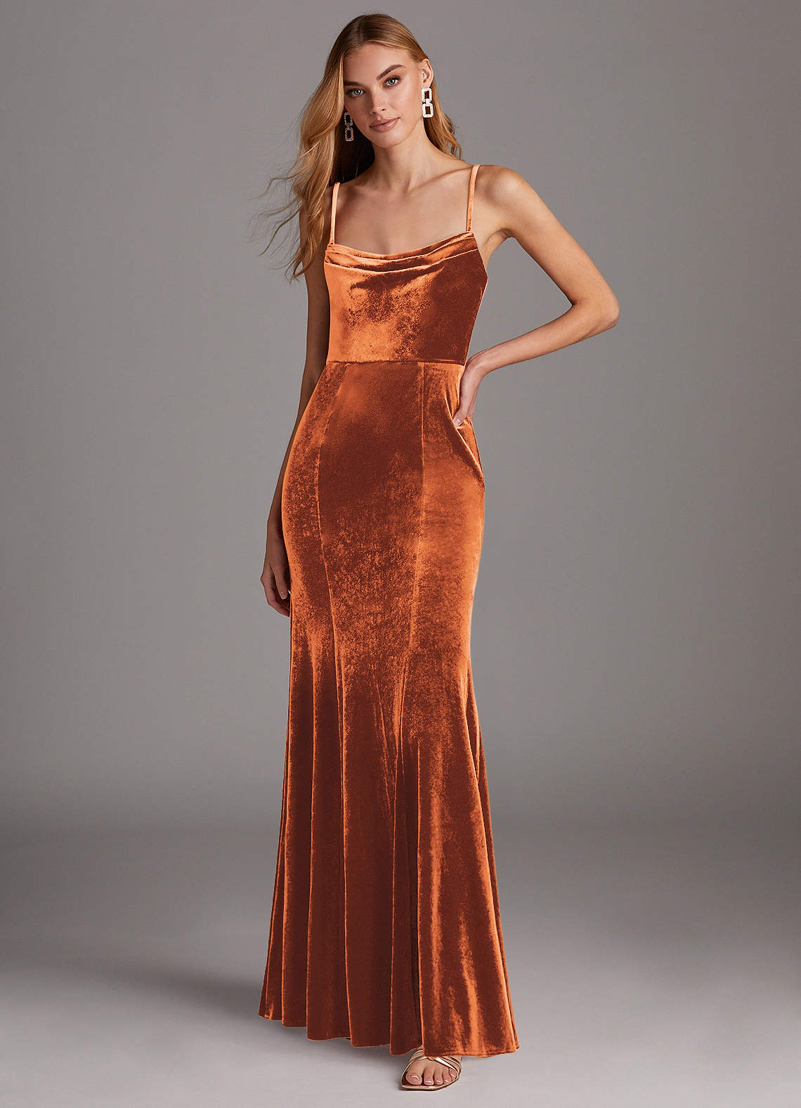 Azazie Solange Vestidos de damas de honor Vestido de Naranja Quemada de terciopelo de Corte Recto con Plisado image1