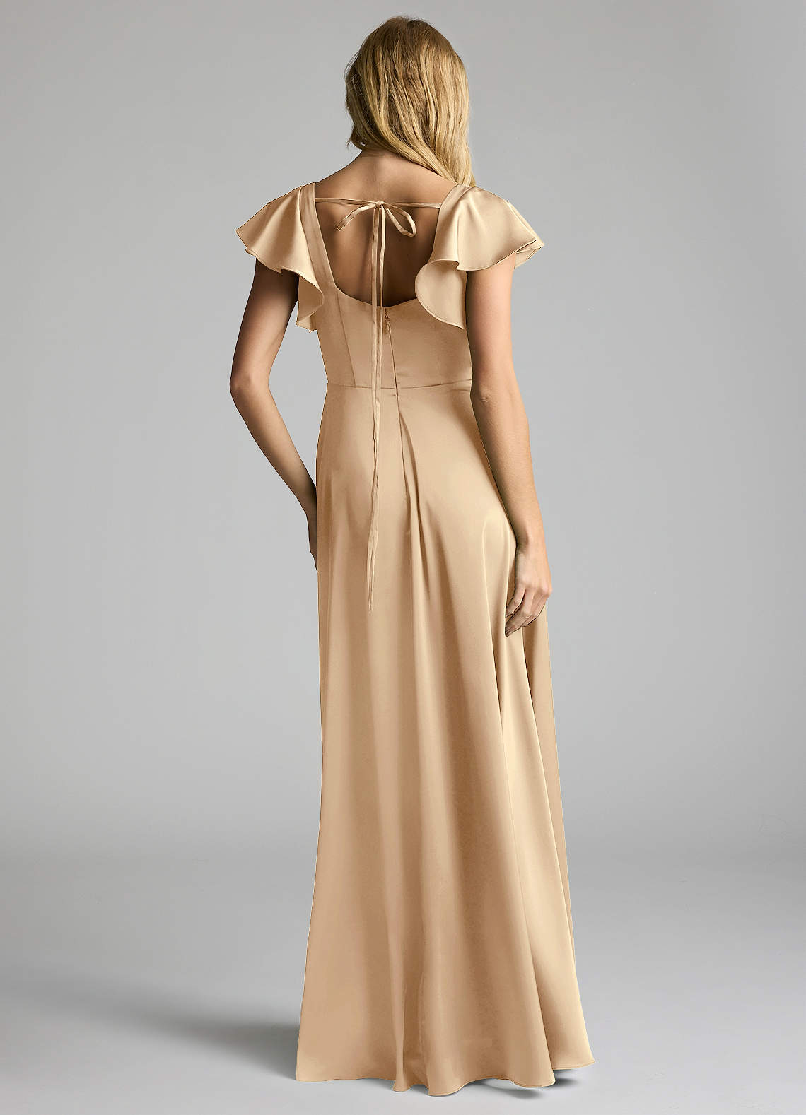Azazie Bondi Bridesmaid Dresses Champagne A-Line Bow Stretch Satin Dress image2