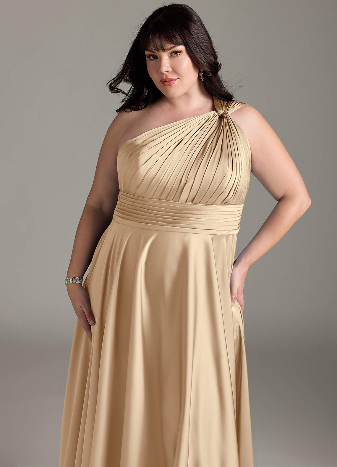 Azazie Charlize Bridesmaid Dresses Champagne A-Line One Shoulder Stretch Satin Dress image13