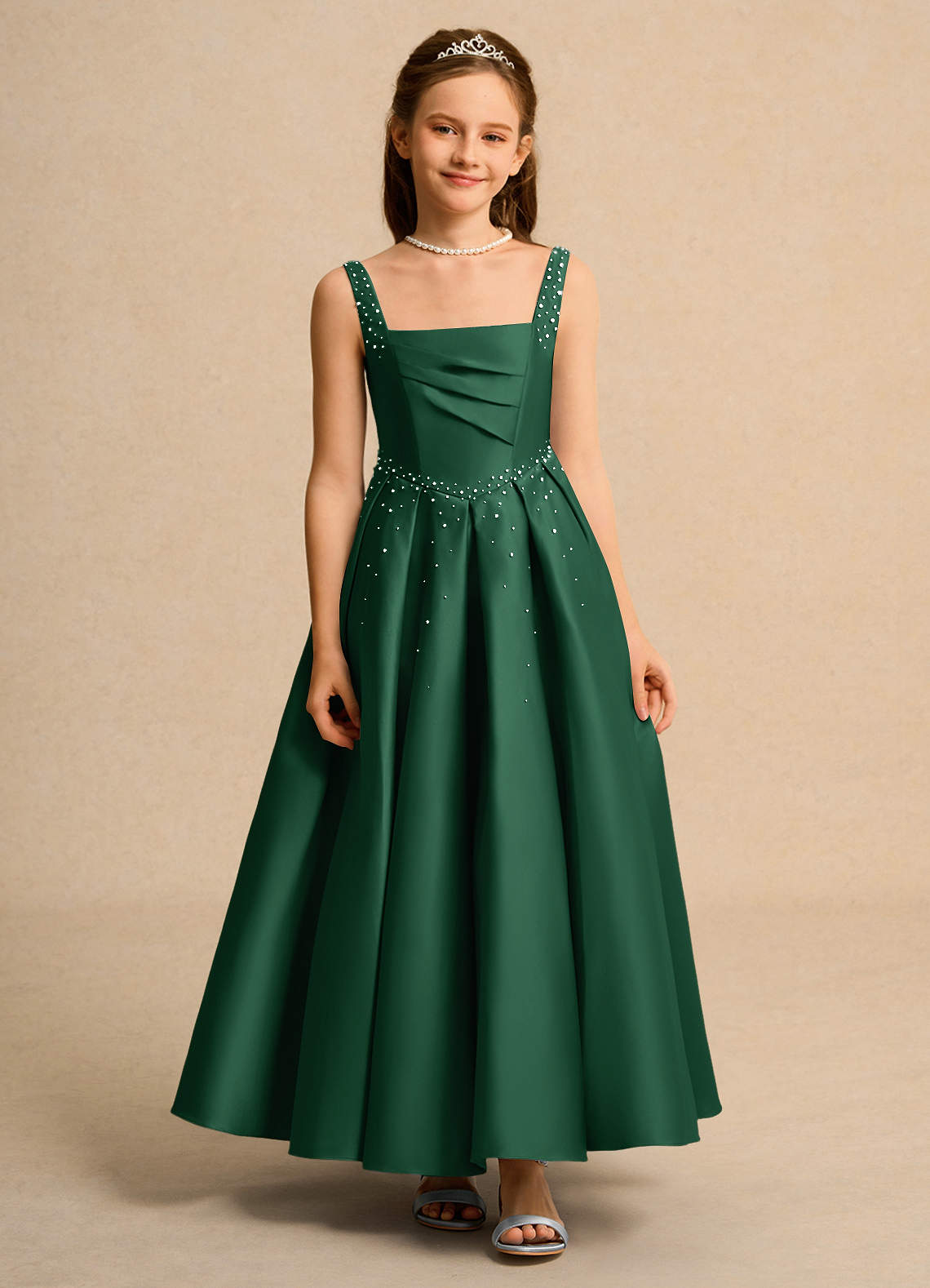 Azazie Mochi Girls Formal Dark Green Ball-Gown Pleated Matte Satin Dress |  Azazie