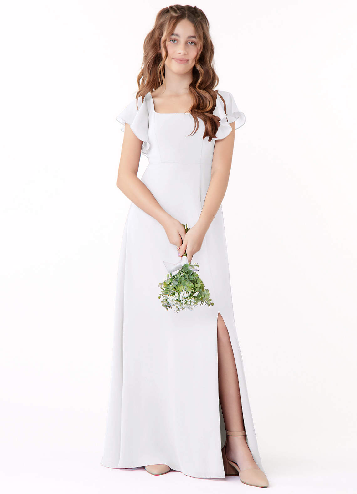 Azazie Bondi Junior White A-Line Bow Chiffon Dress image1