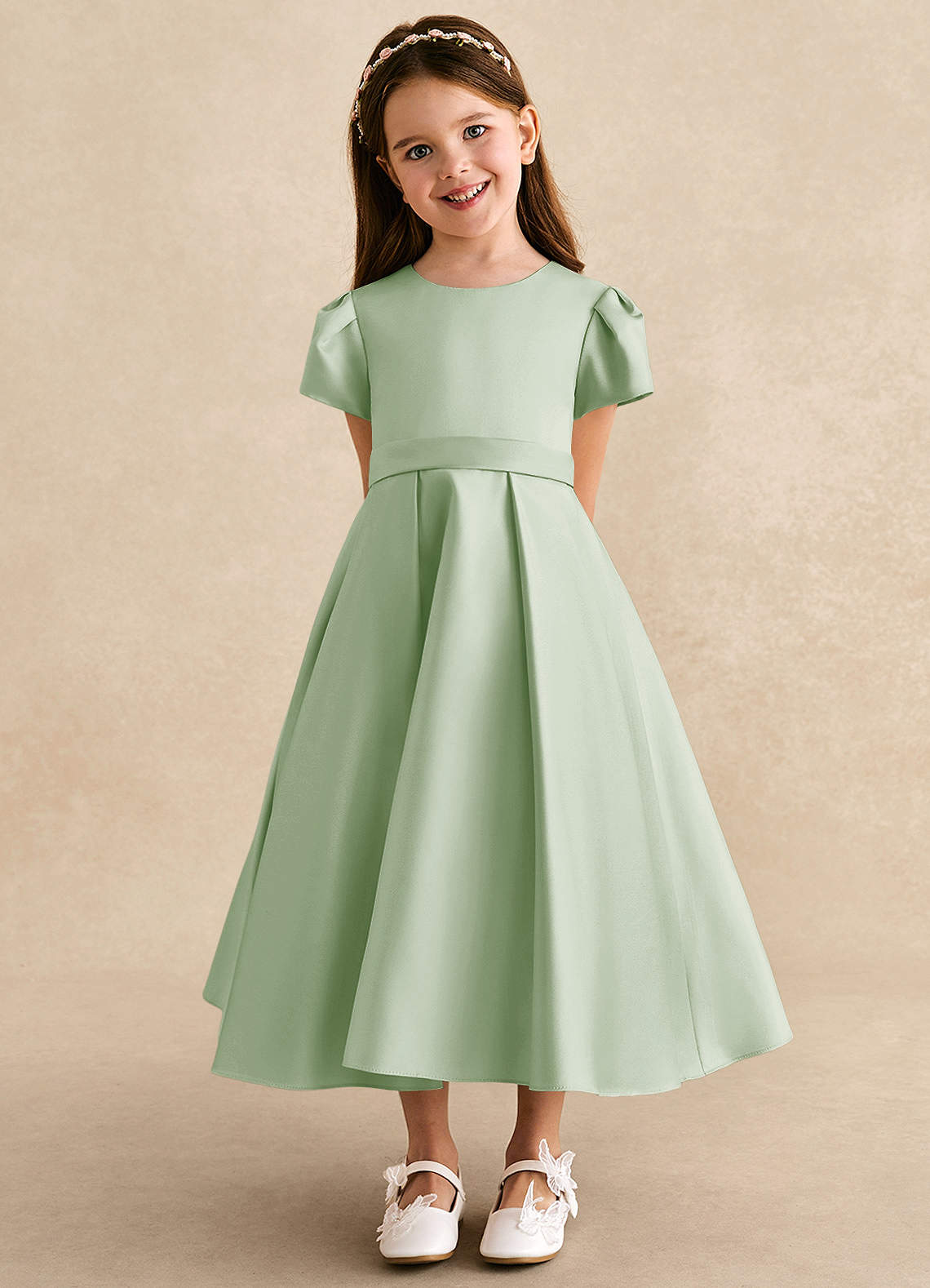Azazie Princess Flower Girl Dresses Dusty Sage A-Line Pleated Matte Satin Dress image5