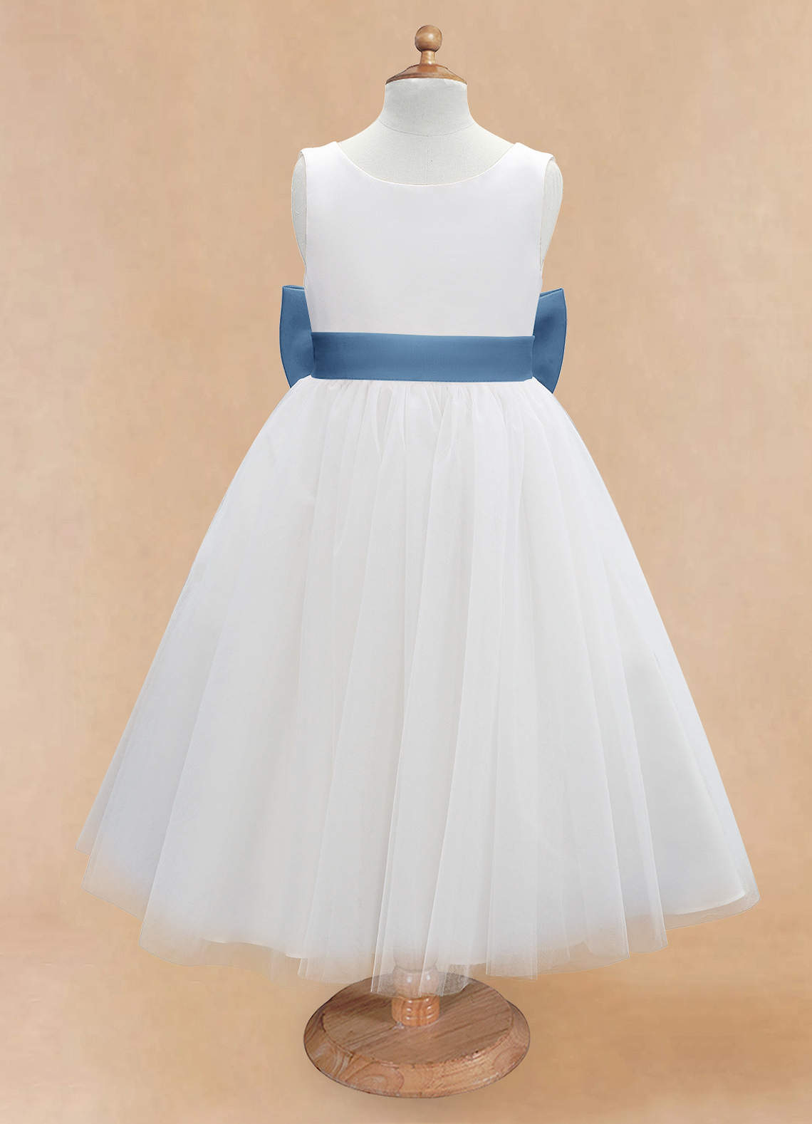 Azazie Kavi Flower Girl Dresses Ivory Steel Blue A-Line Bow Matte Satin Dress image6