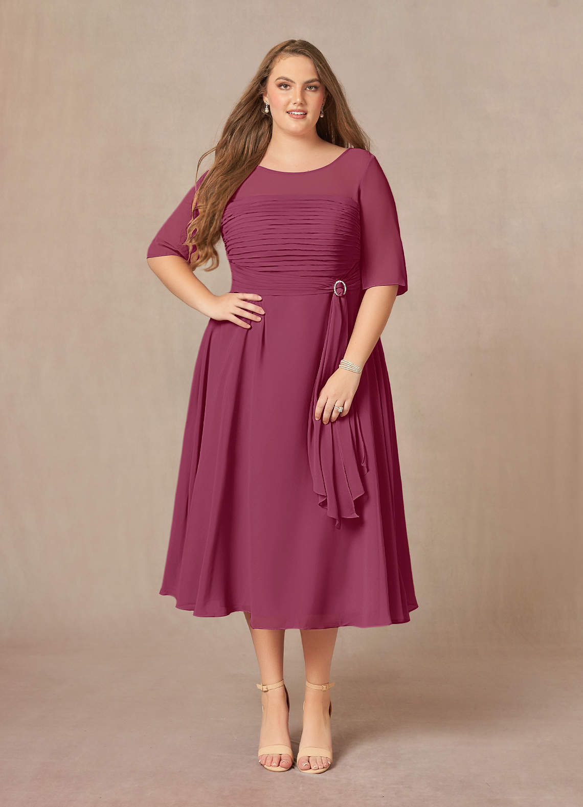 Azazie Naomi Mother of the Bride Dresses Mulberry A-Line Boatneck Pleated Chiffon Dress image1
