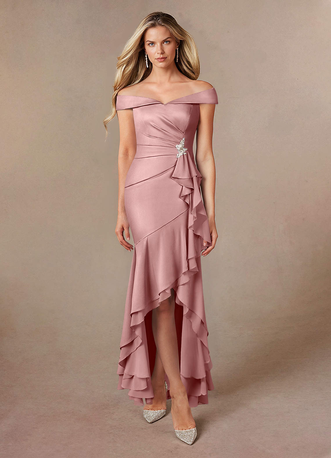 Azazie Billings Mother of the Bride Dresses Dusty Rose Mermaid Off the Shoulder Stretch Satin Dress image4