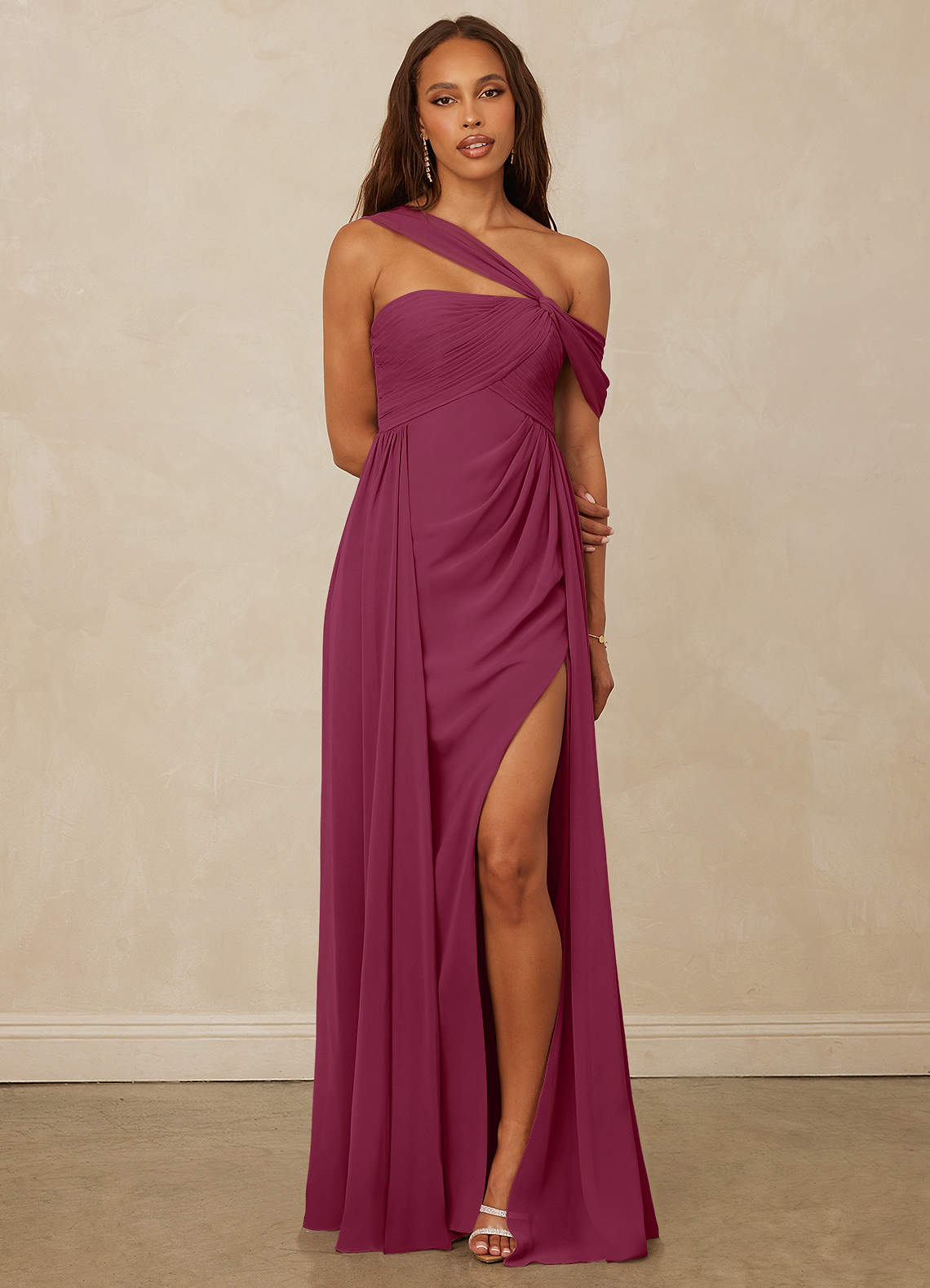 Christian Siriano Bridal for Azazie 1014 Bridesmaid Dresses Mulberry A-Line Off the Shoulder Chiffon Dress image1