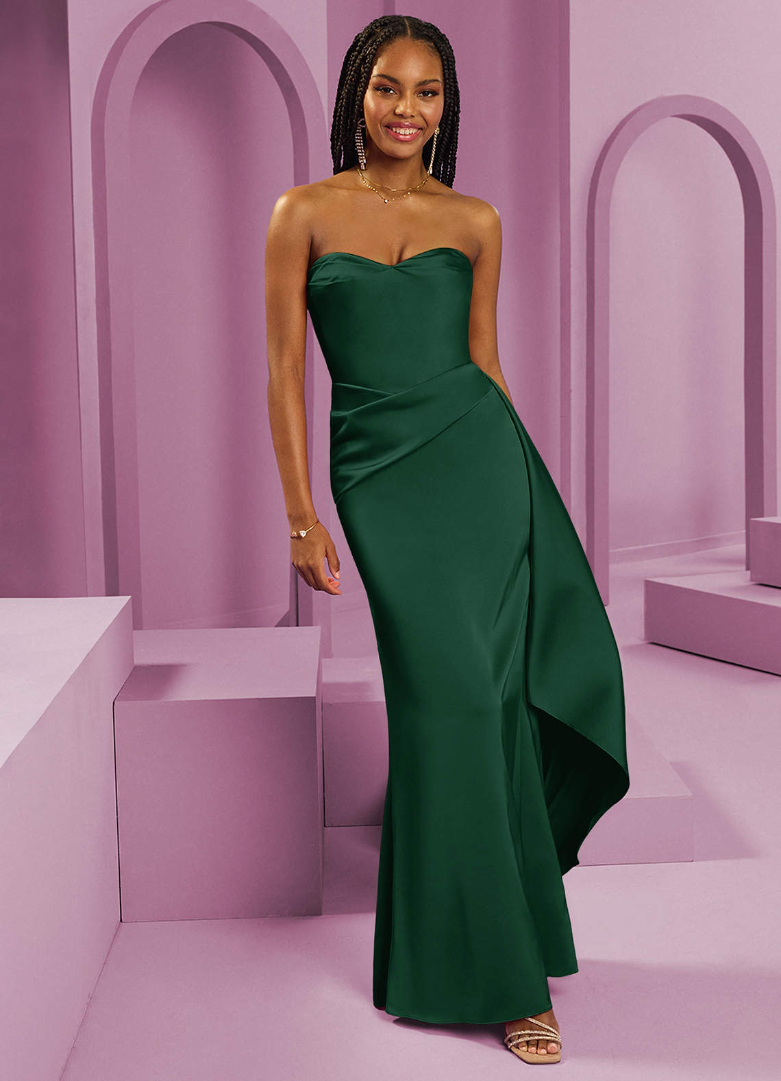 Barbie ♥ Azazie Robes de demoiselle d'honneur Robe Fourreau Convertible en Satin extensible Sans bretelle Vert Foncé image1