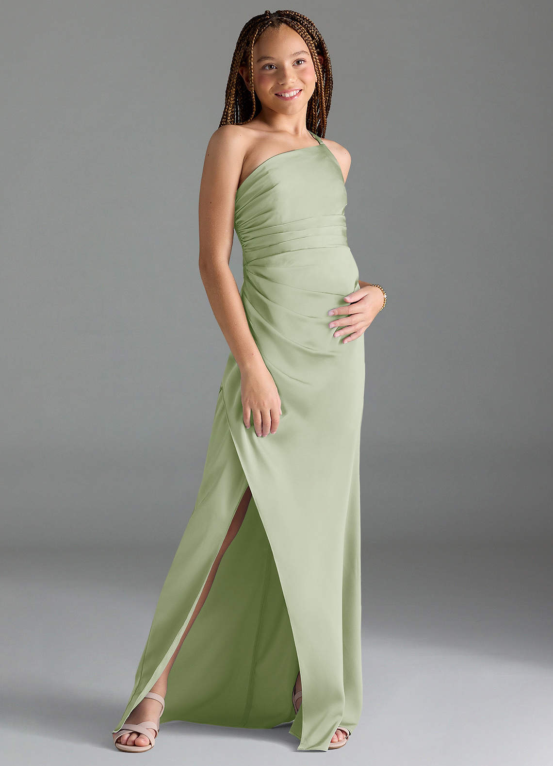 Azazie Eren Junior Dusty Sage Sheath Pleated Stretch Satin Dress image2