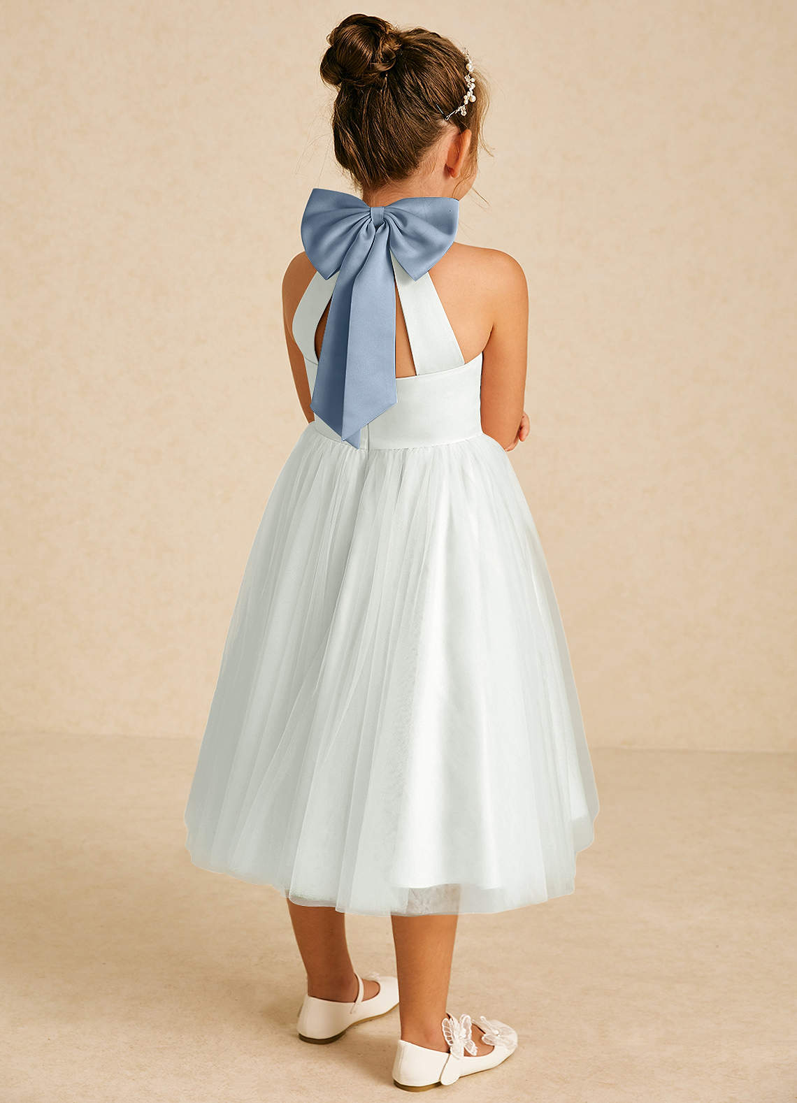 Azazie Dora Ivory Dusty Blue A-Line Bow Tulle Dress | Azazie