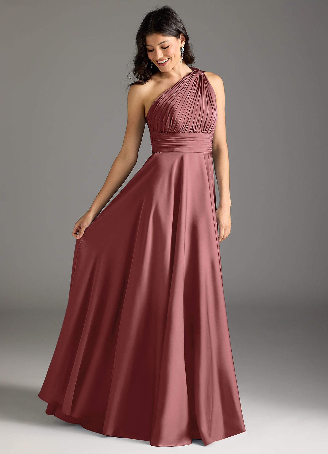 Azazie Charlize Bridesmaid Dresses Amethyst A-Line One Shoulder Stretch Satin Dress image1