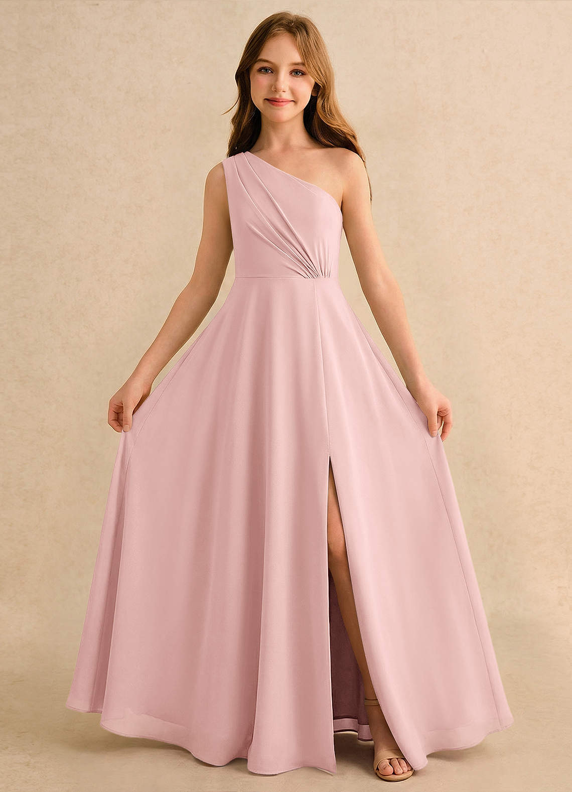 Azazie Puddles Girls Formal Robe Demoiselle D'honneur Fillette Robe Trapèze en Mousseline de soie Une épaule Rose Poudré image4