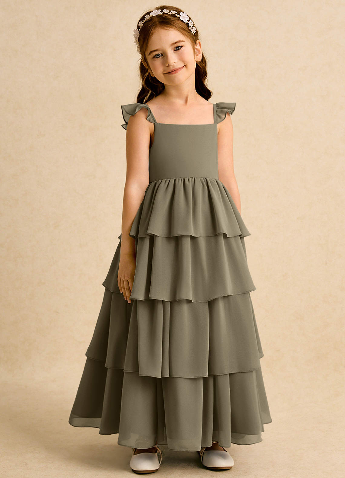 Azazie Boba Flower Girl Dresses Willow Green A-Line Square Neckline Chiffon Dress image1