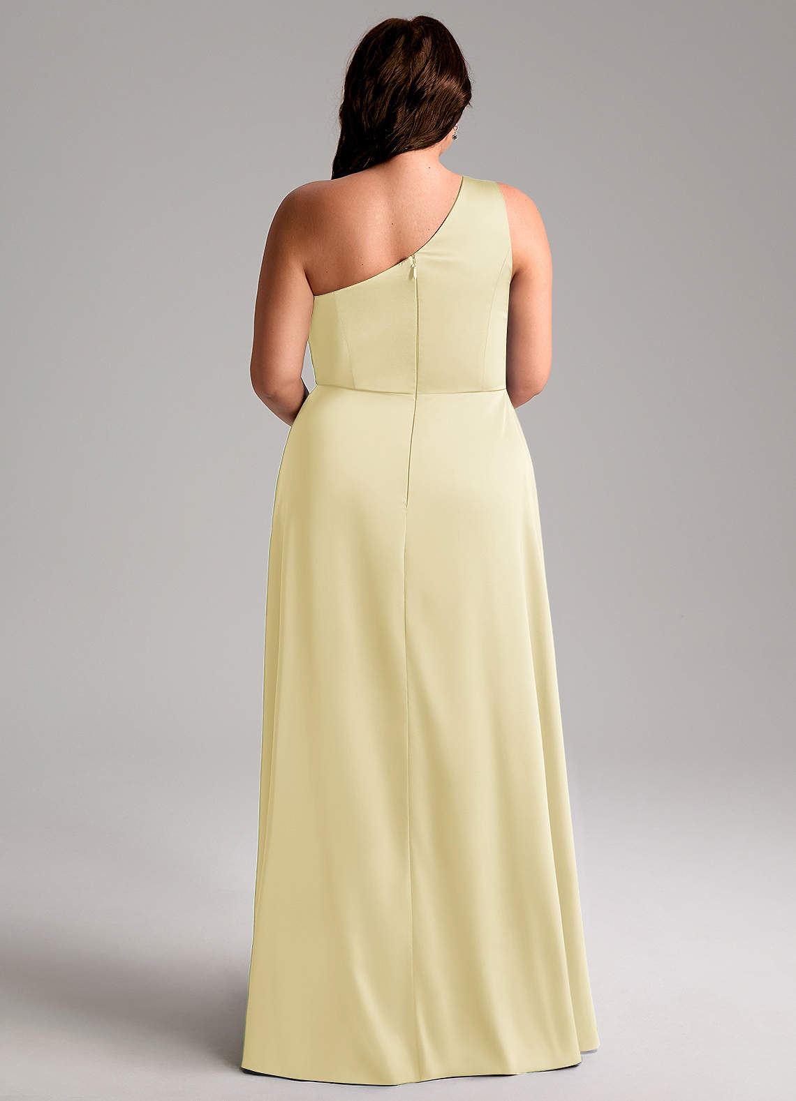 Azazie Brooke Robes de demoiselle d'honneur Robe Trapèze en Satin extensible Une épaule Sorbet Citron image9