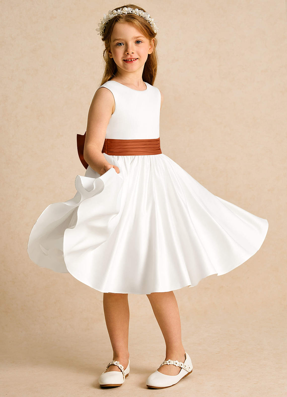 Azazie Sosie Flower Girl Dresses Ivory Burnt Orange A-Line Pleated Matte Satin Dress image4