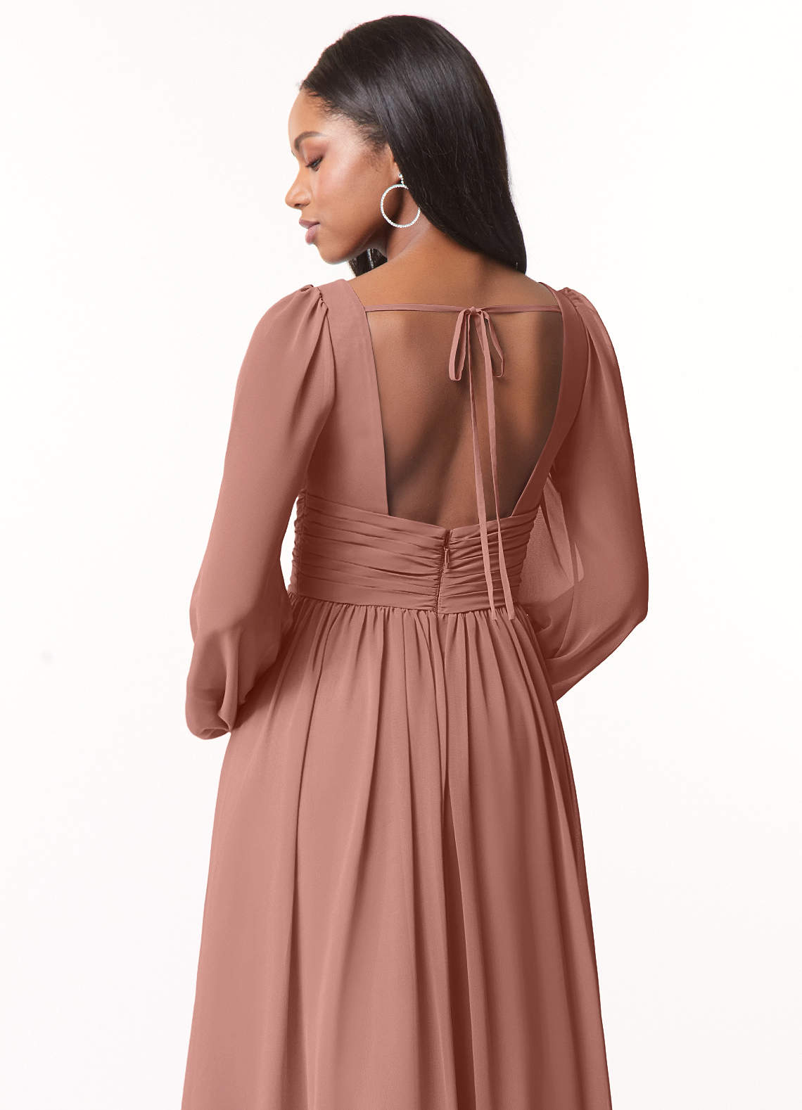 Azazie Norah Robes de demoiselle d'honneur Robe Trapèze en Mousseline de soie Col en V, manches longues Rose De Cèdre image2