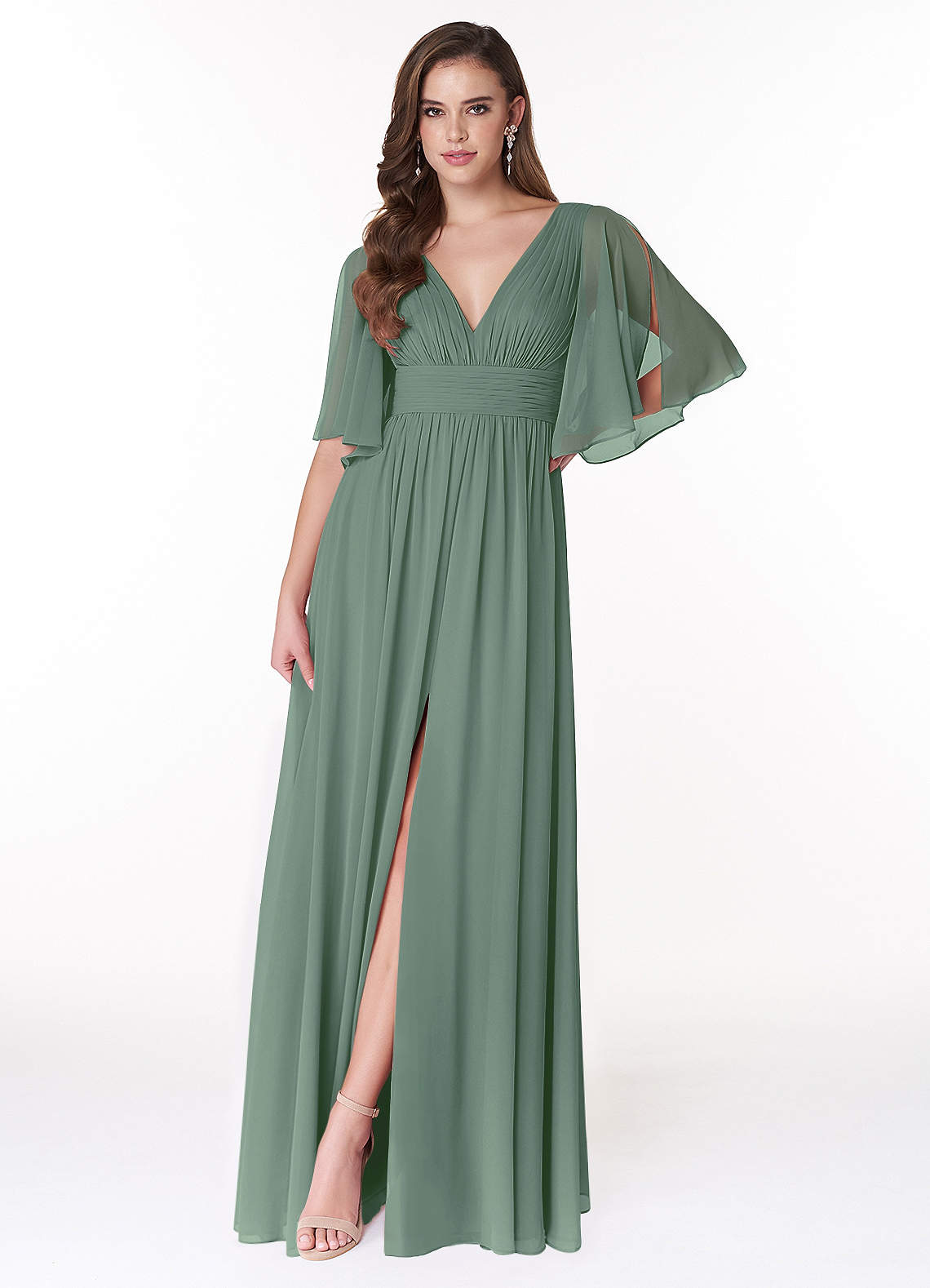 Azazie Temeka Bridesmaid Dresses Eucalyptus A-Line Ruched Chiffon Dress image1