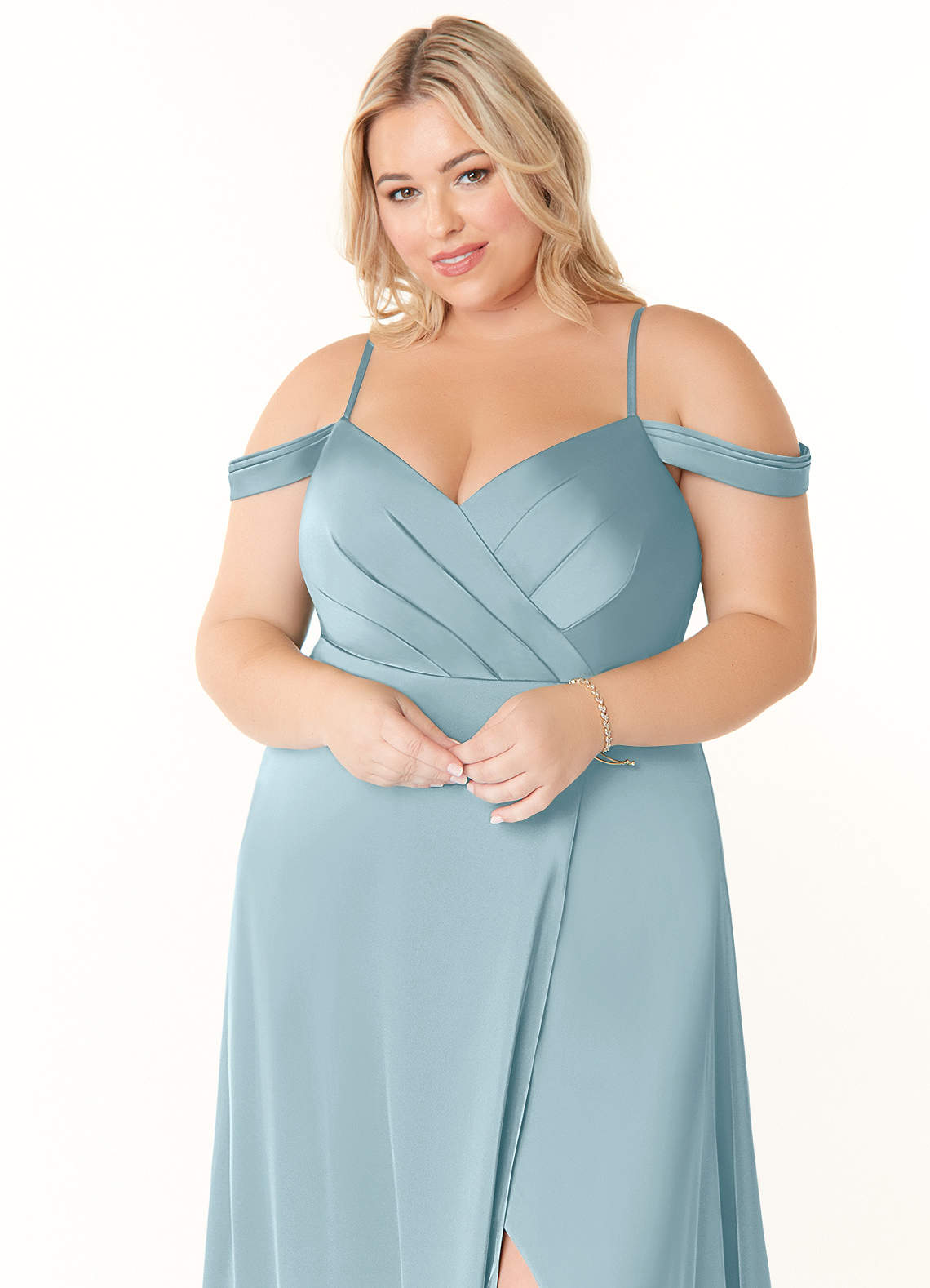 Pleated V-neck Cap Sleeve Stretch Satin Long Dress Mist main image 1