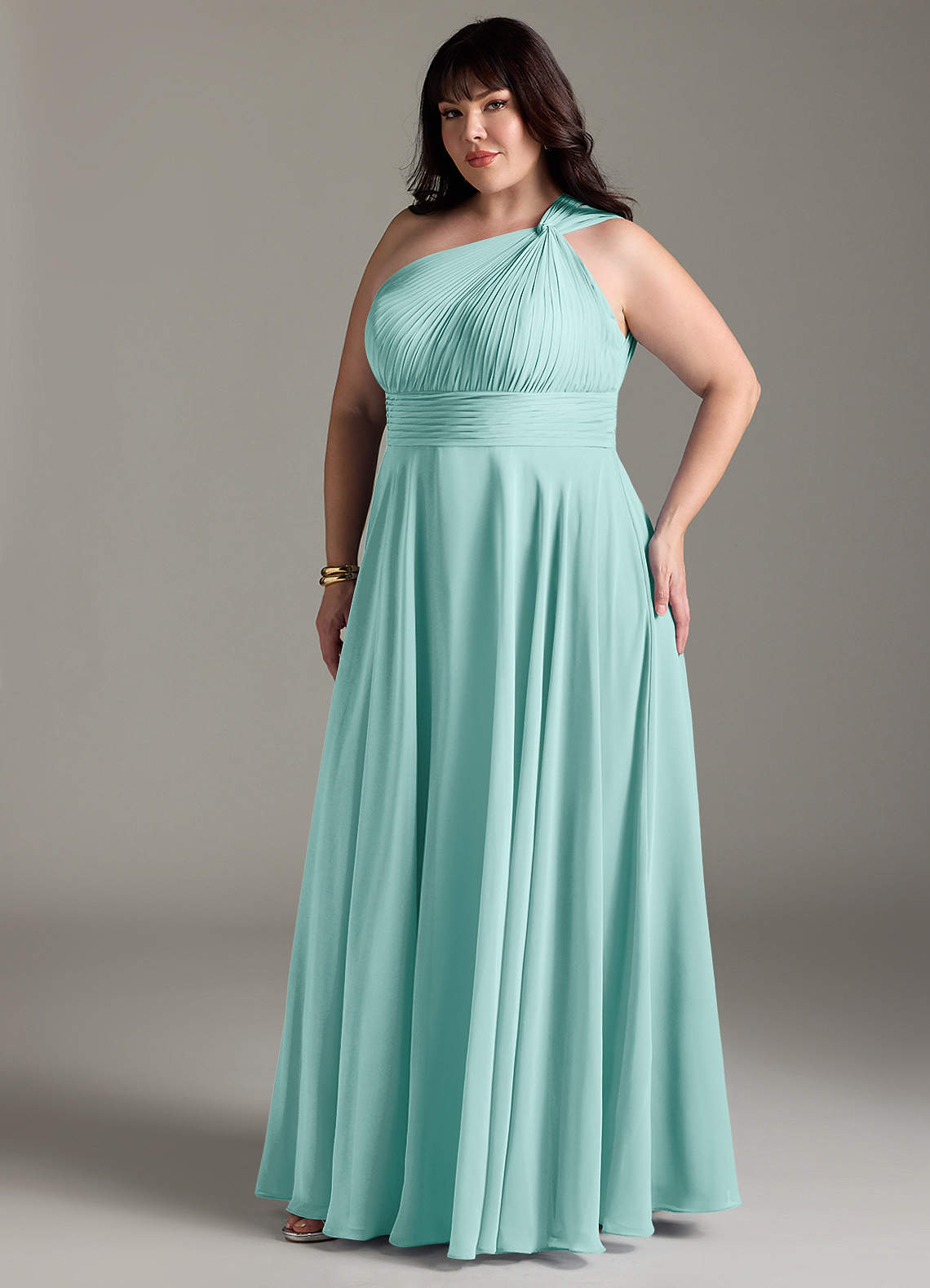 Azazie Charlize Vestidos de damas de honor Vestido de Aqua de Gasa de Corte en A con Hombro unilateral image10