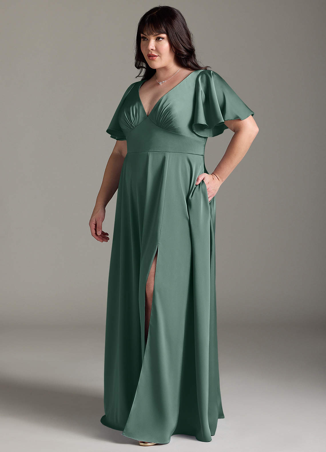 Azazie Kimber Bridesmaid Dresses Eucalyptus A-Line Ruched Stretch Satin Dress image9