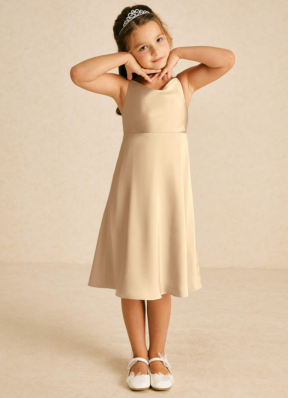 Azazie Zuzu Flower Girl Dresses Champagne A-Line Spaghetti Strap Stretch Satin Dress image1