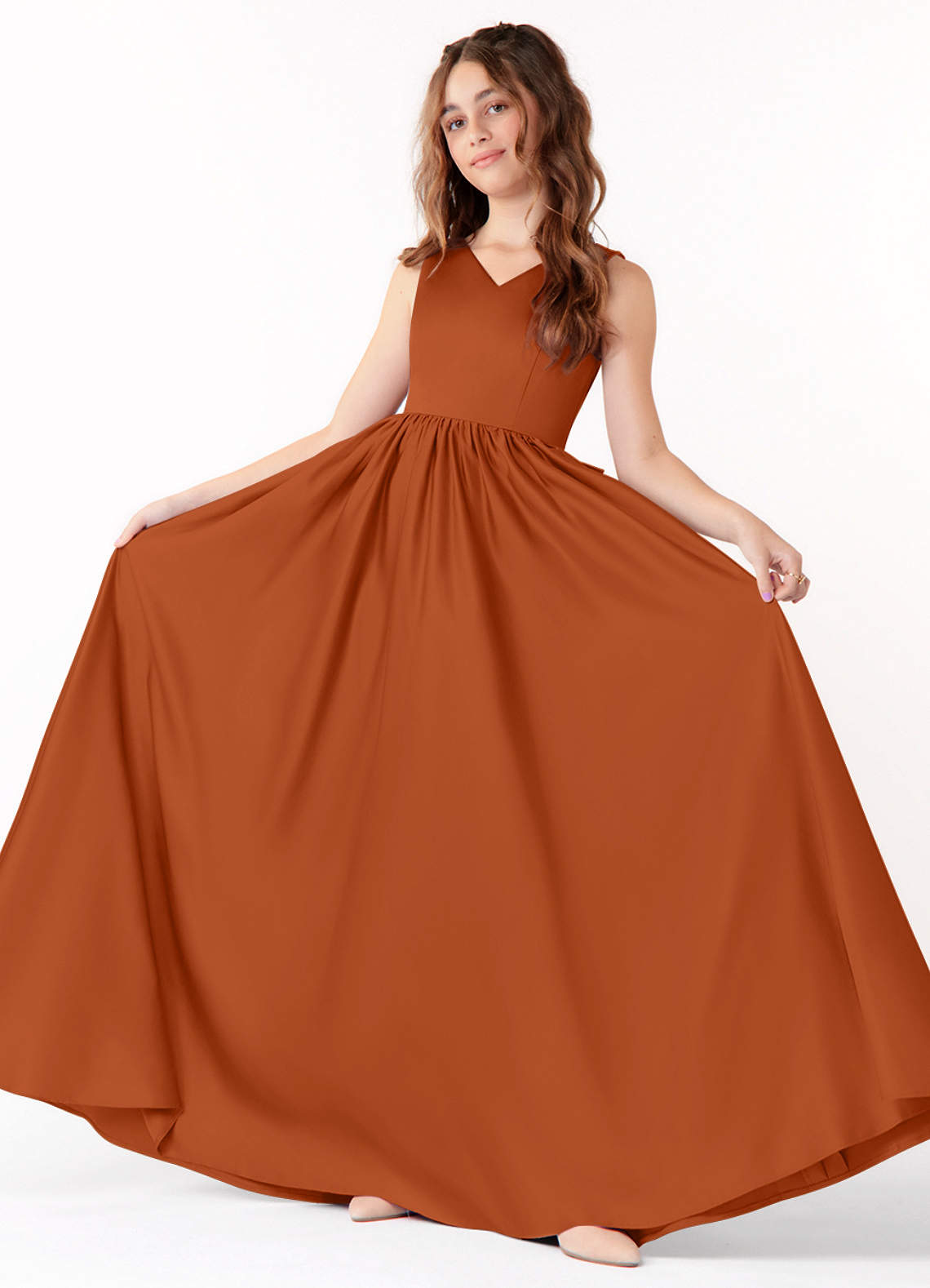 Azazie Hathaway Junior A-Linie Schleifen Matte Satin Kleid Gebranntes Orange image1