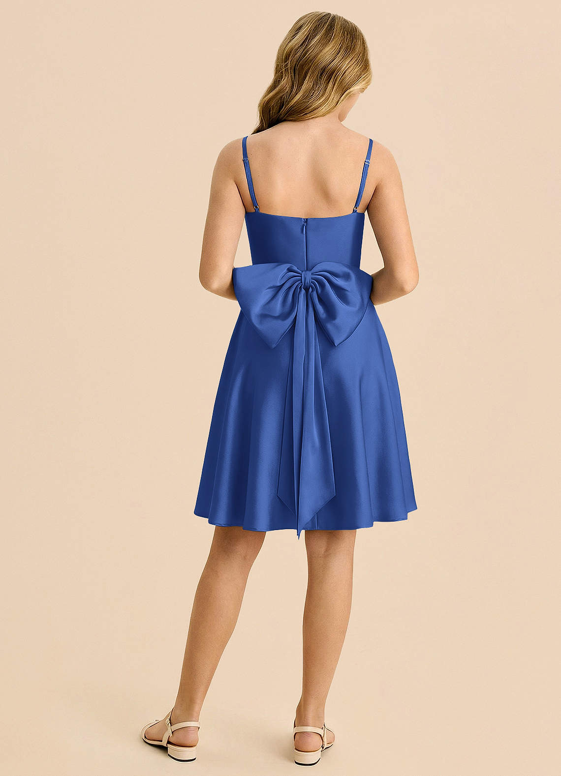 Azazie Bear Junior Robe Trapèze en Satin extensible Encolure en Forme de Cœur Bleu Roi image1