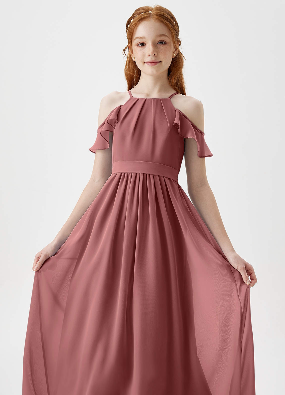 Azazie Chaya Junior Amethyst A-Line Off the Shoulder Chiffon Dress image1