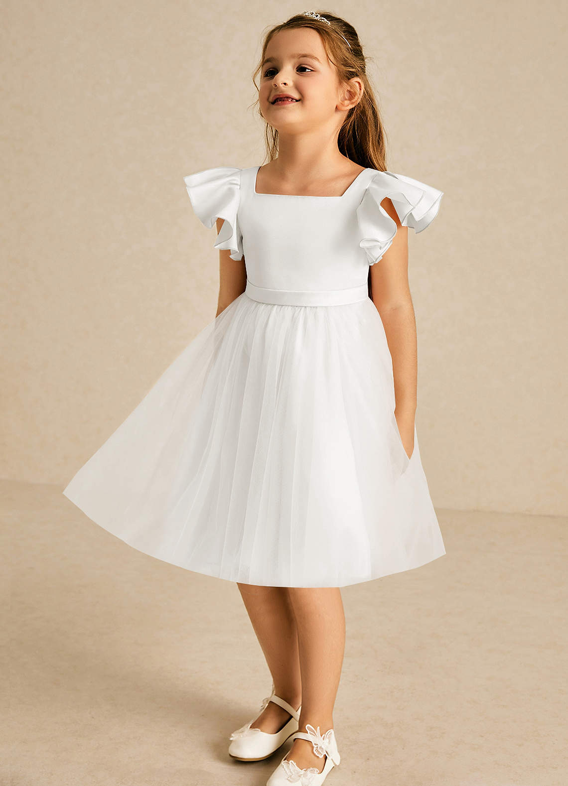 Azazie Kaeya Flower Girl Dresses Ivory A-Line Bow Tulle Dress image3