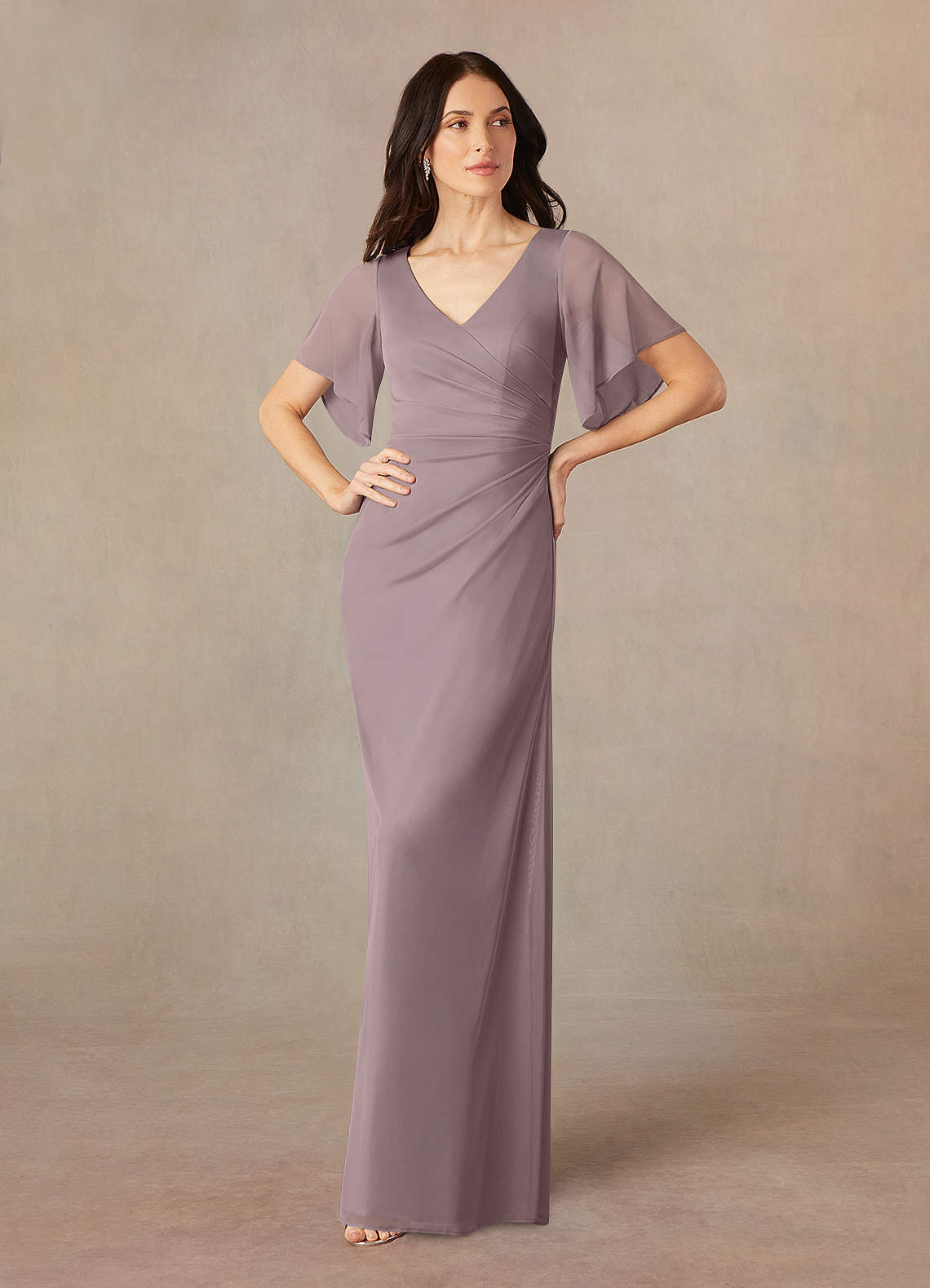 Azazie Selah Mother of the Bride Dresses Dusk A-Line V-Neck ruched Mesh Dress image1