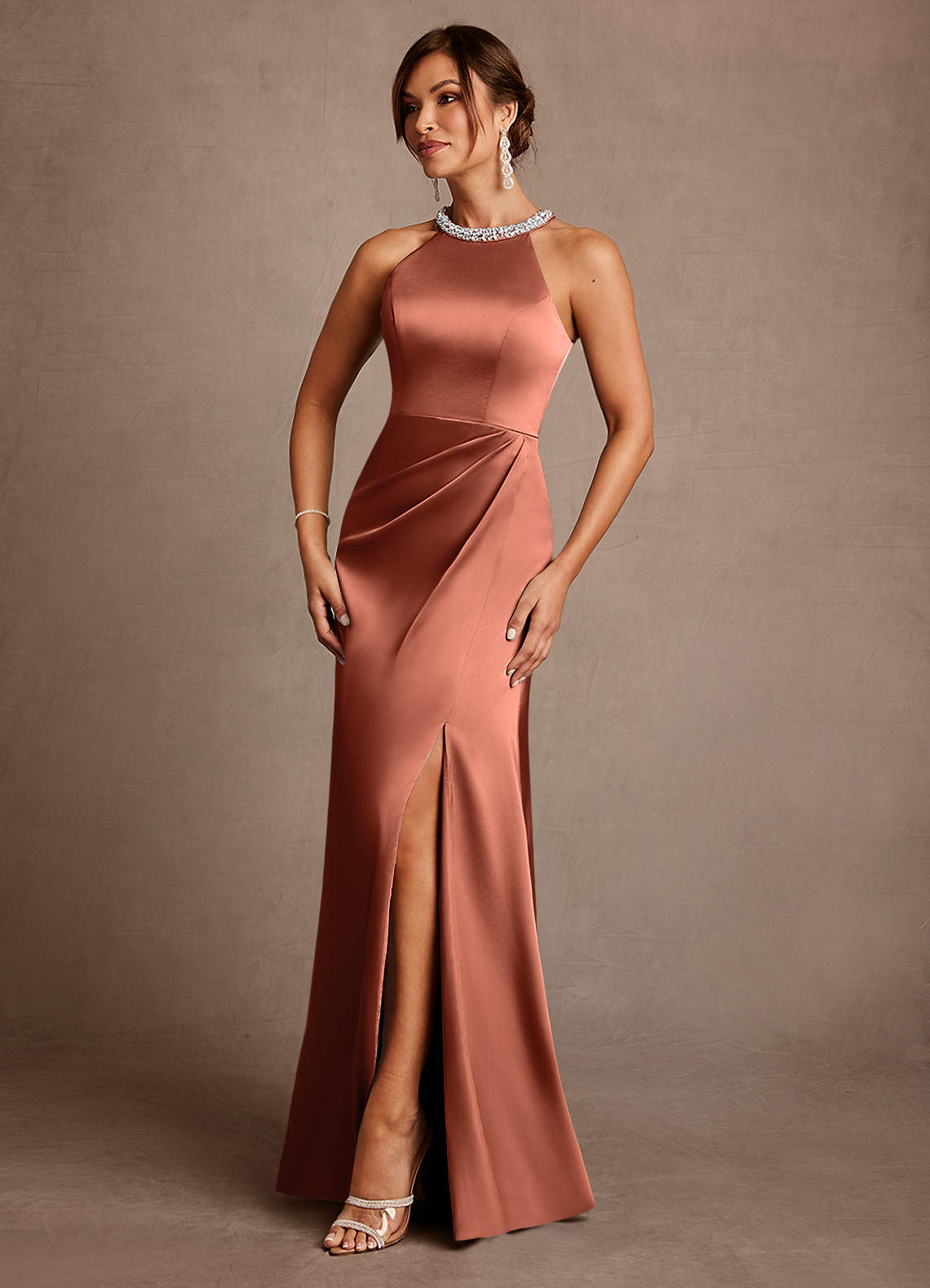 Azazie Lawrence Mother of the Bride Dresses Clay A-Line Pleated Stretch Satin Dress image1