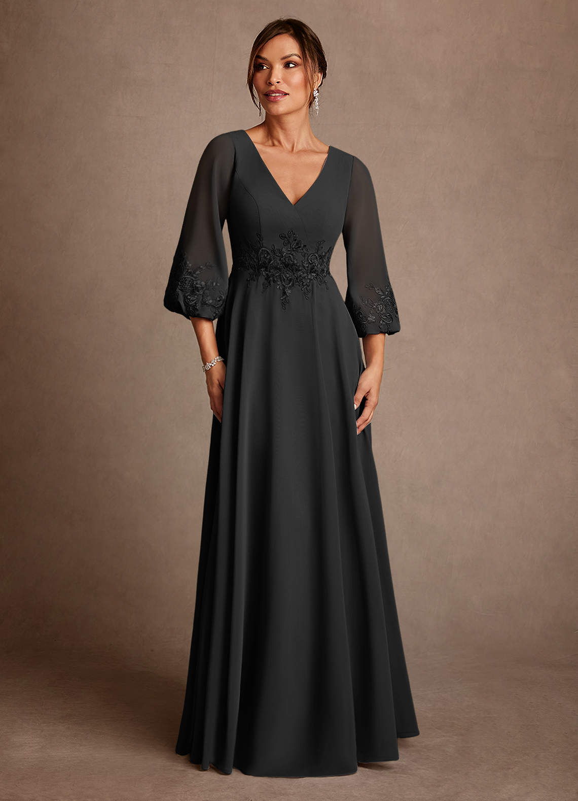 Azazie Yorba 신부의 어머니 드레스 A라인 레이스 쉬폰 플로어 길이 드레스 image1