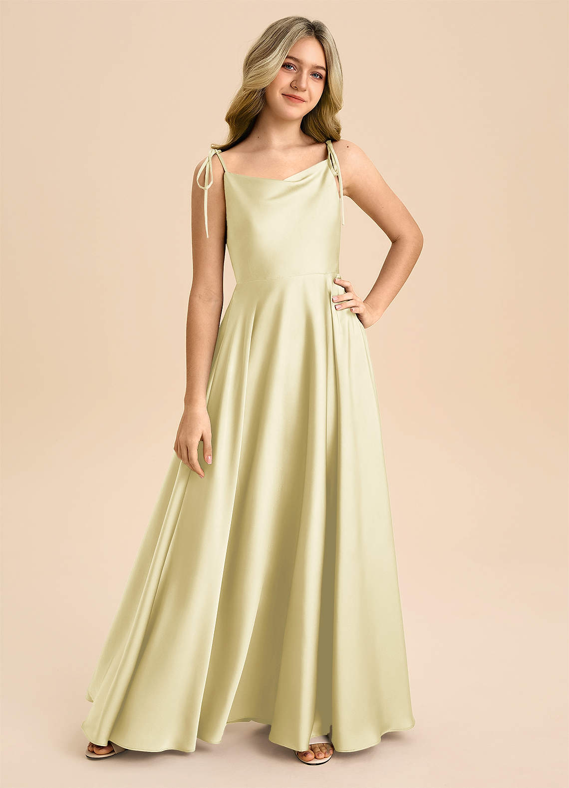 Azazie Popsy Junior Lemon Sorbet A-Line Bow Stretch Satin Dress image7