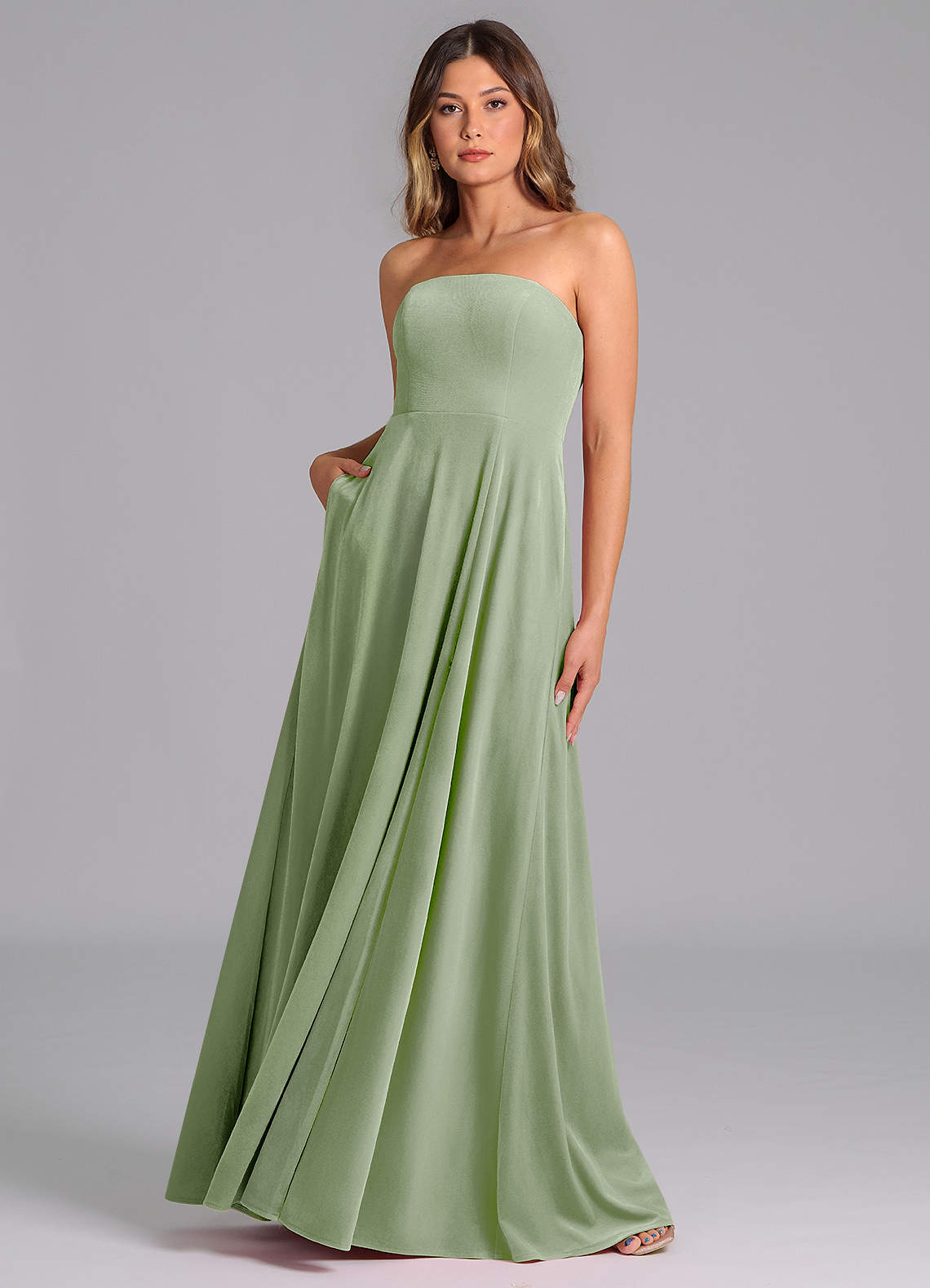 Azazie Wren Robes de demoiselle d'honneur Robe Trapèze en velours Sans bretelle Vert Sauge image1