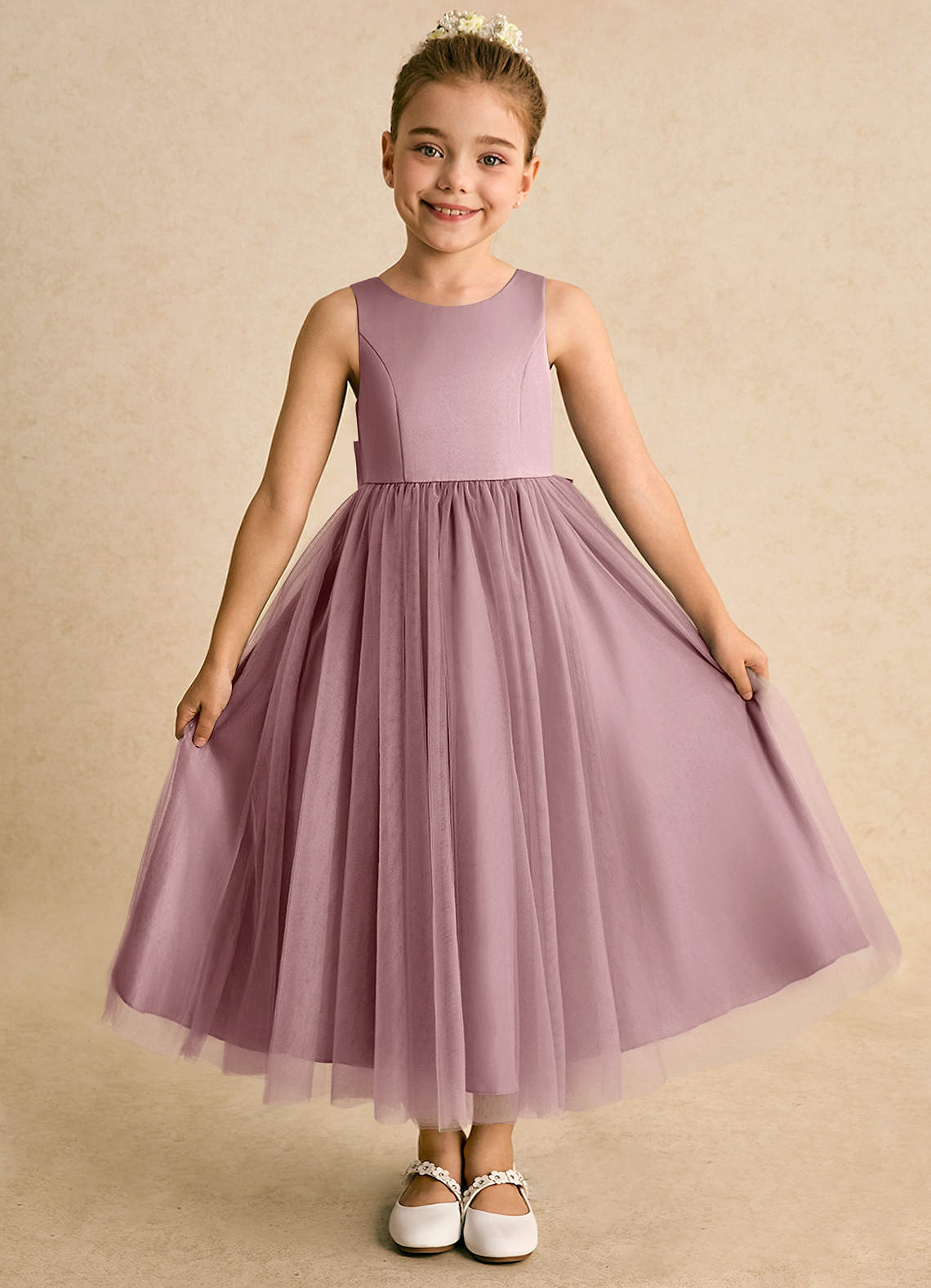 Azazie Solia Abiti da Ragazza di Fiori Abito Principessa in Tulle Fiocco Rosa Polverosa image1