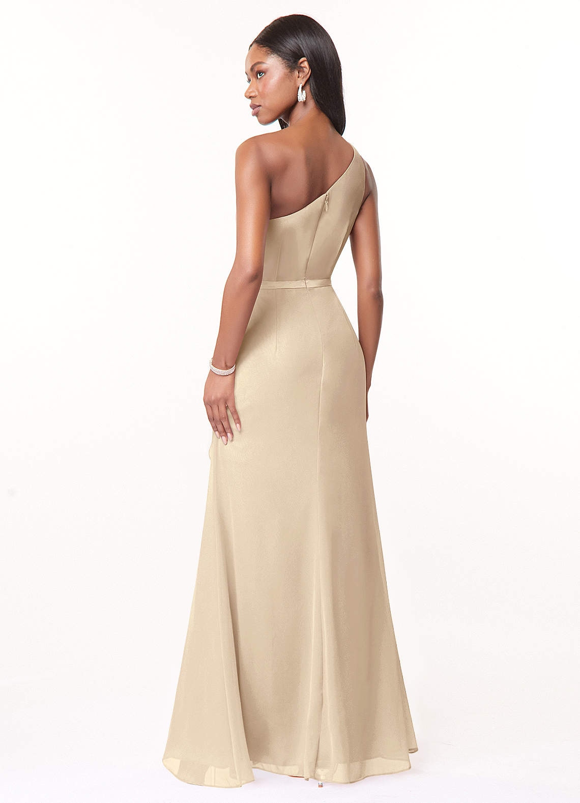 one-shoulder chiffon bridesmaid dress with cascade Azazie Liza Ready to Ship Champagne Chiffon Bridesmaid Dresses