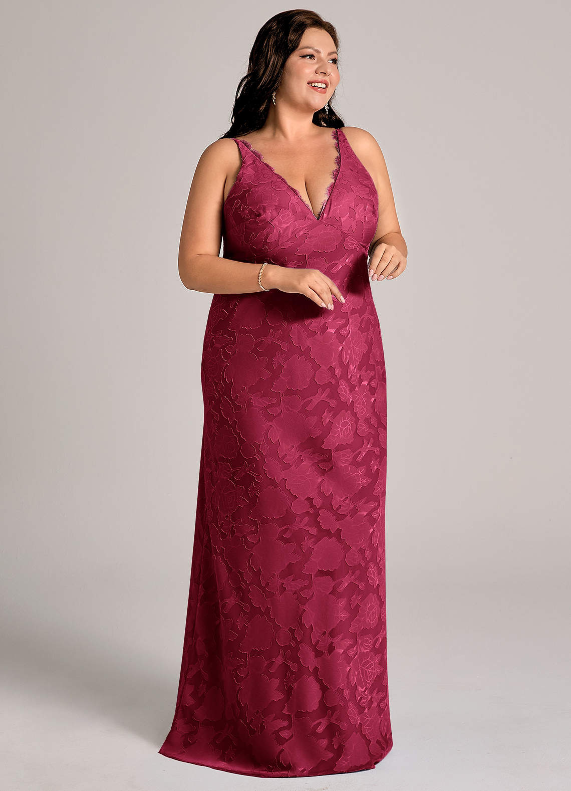 Azazie Sheath V-Neck Floor-Length Floral Burnout Bridesmaid Dresses - Burgundy