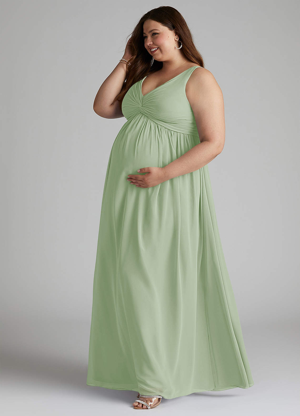 Azazie Yetta Maternity Bridesmaid Dresses A-Line V-Neck Gathered Chiffon Floor-Length Dress image9