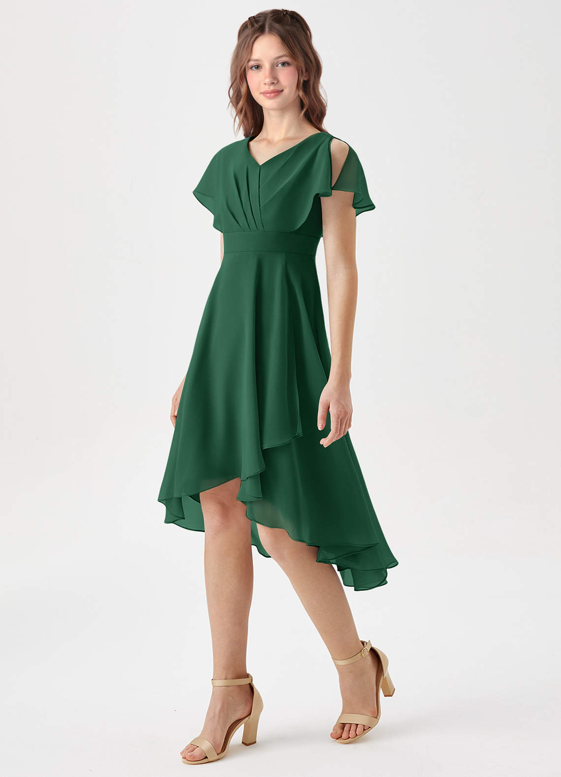 Azazie Graciela Junior Dark Green A-Line Pleated Chiffon Dress image1
