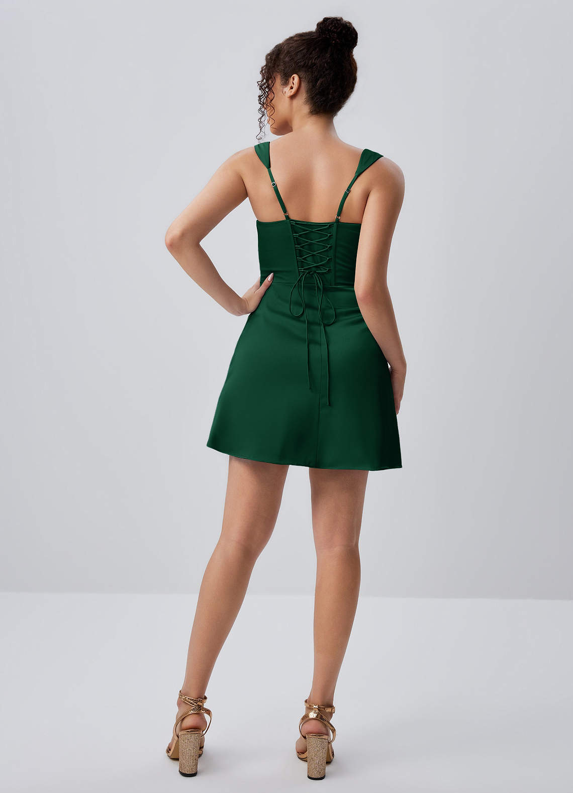 mini emerald green cocktail dress Isabeau Satin Ruched Lace-Up Off-the-shoulder Pleated Knee-length Short 25off Strapless dress 100% Polyester (inner)Care Size:3X / 4X