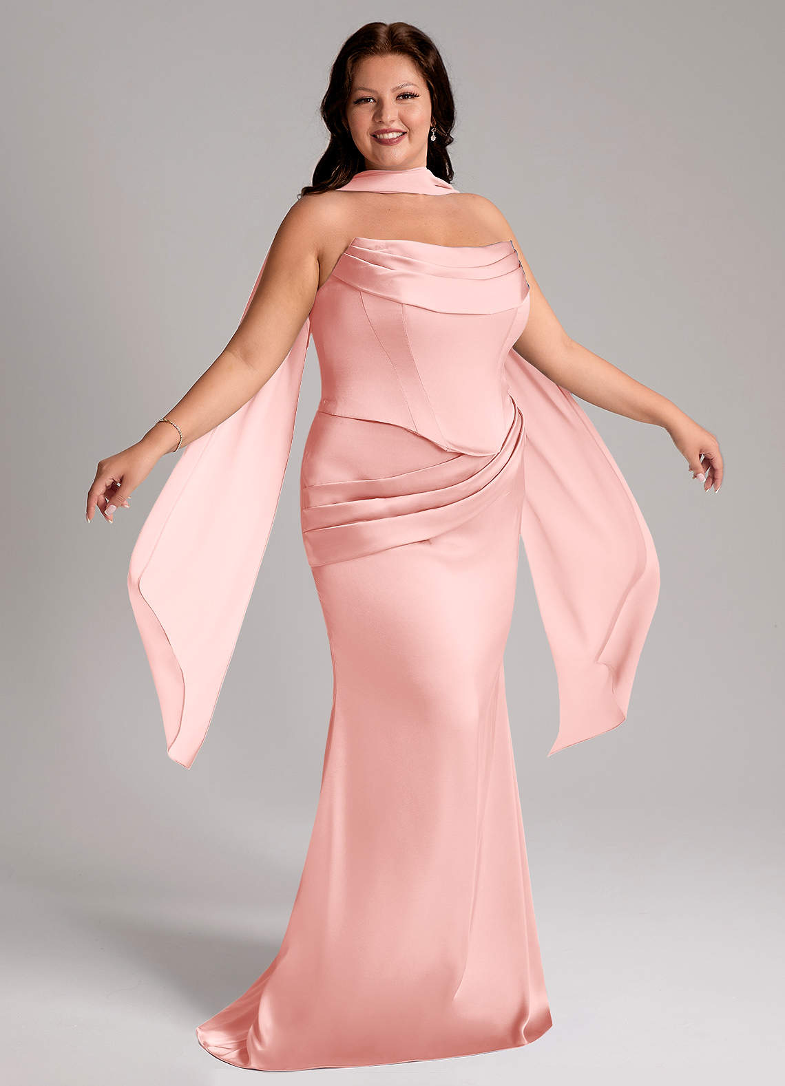 Azazie Sorrel Robes de demoiselle d'honneur Robe Sirène Convertible en Satin extensible Sans bretelles Rose Poudré image8