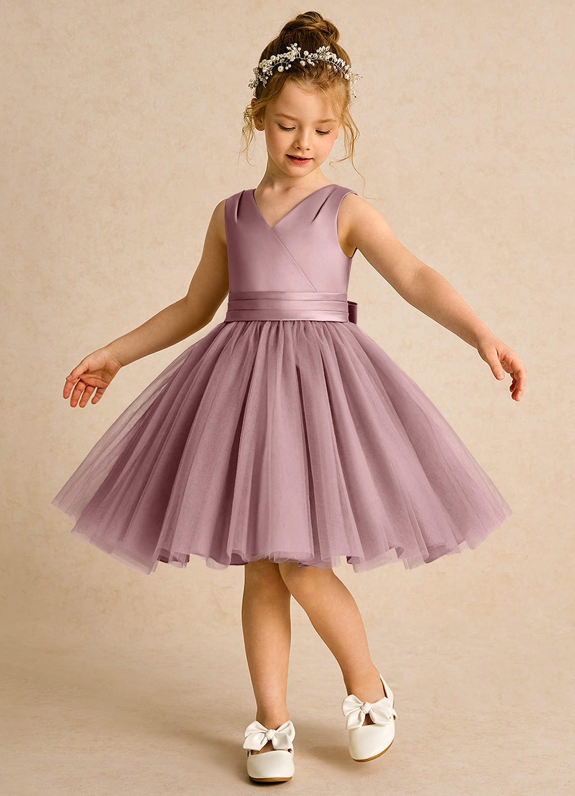 Azazie Tadpole Flower Girl Dresses Dusty Rose A-Line Pleated Matte Satin Dress image1