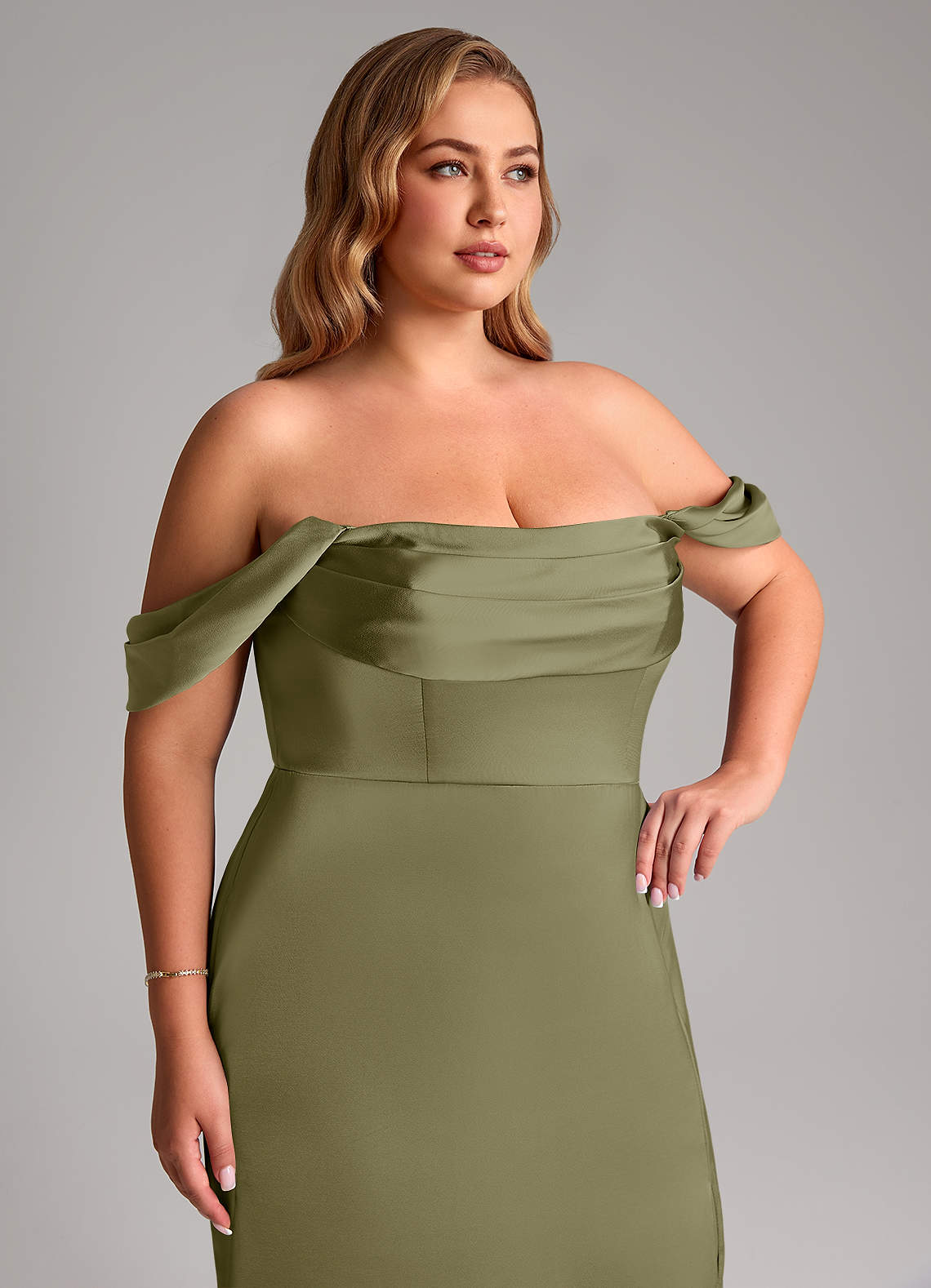 Azazie Saige Bridesmaid Dresses Pistachio Sheath Off the Shoulder Stretch Satin Dress image13
