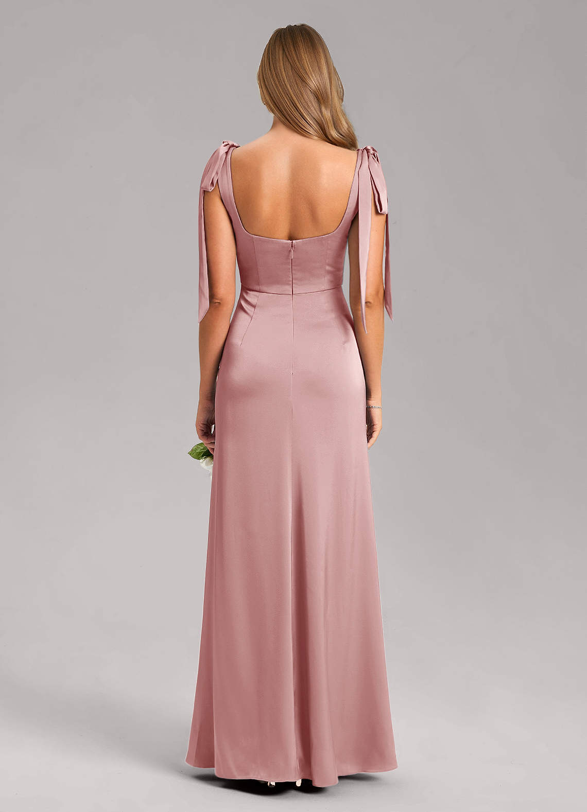 Azazie Frostine Vestidos de madrinha de casamento Vestido Rosa Empoeirada de Cetim elástico de Linha A com Arco image13
