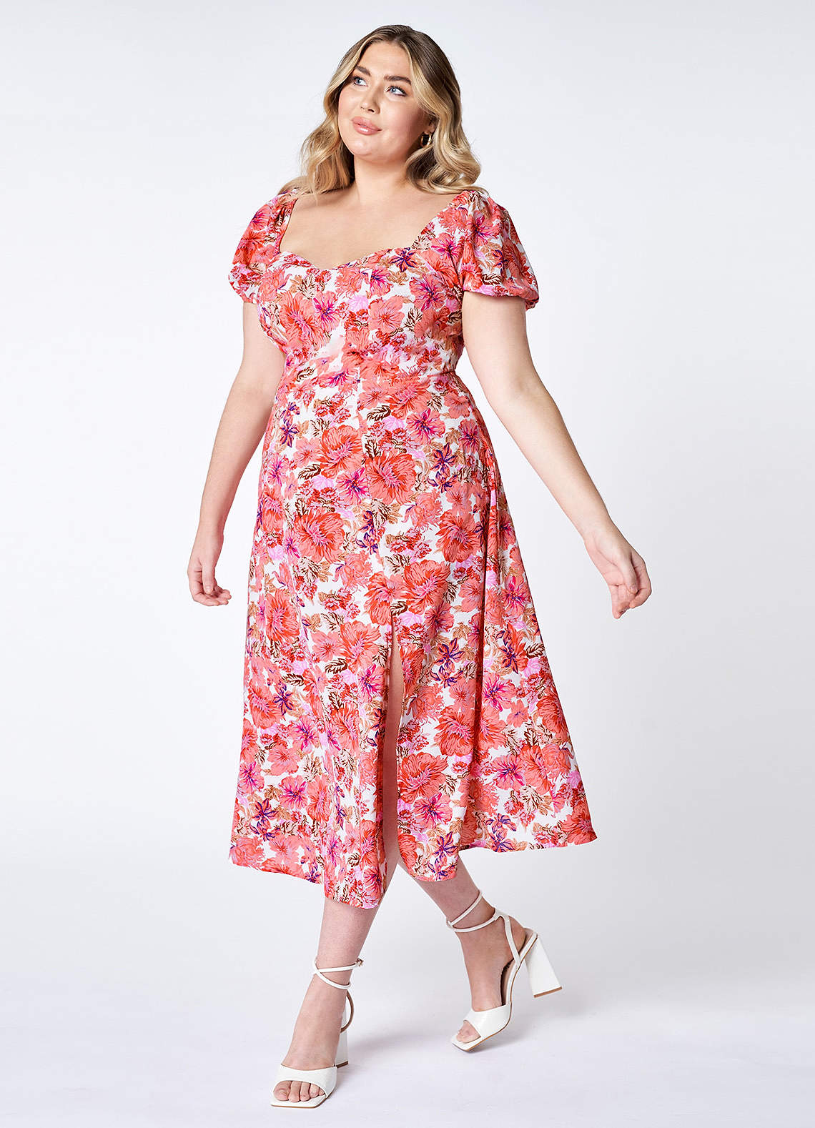 LOFT Plus Floral Puff Sleeve Pocket Midi Dress