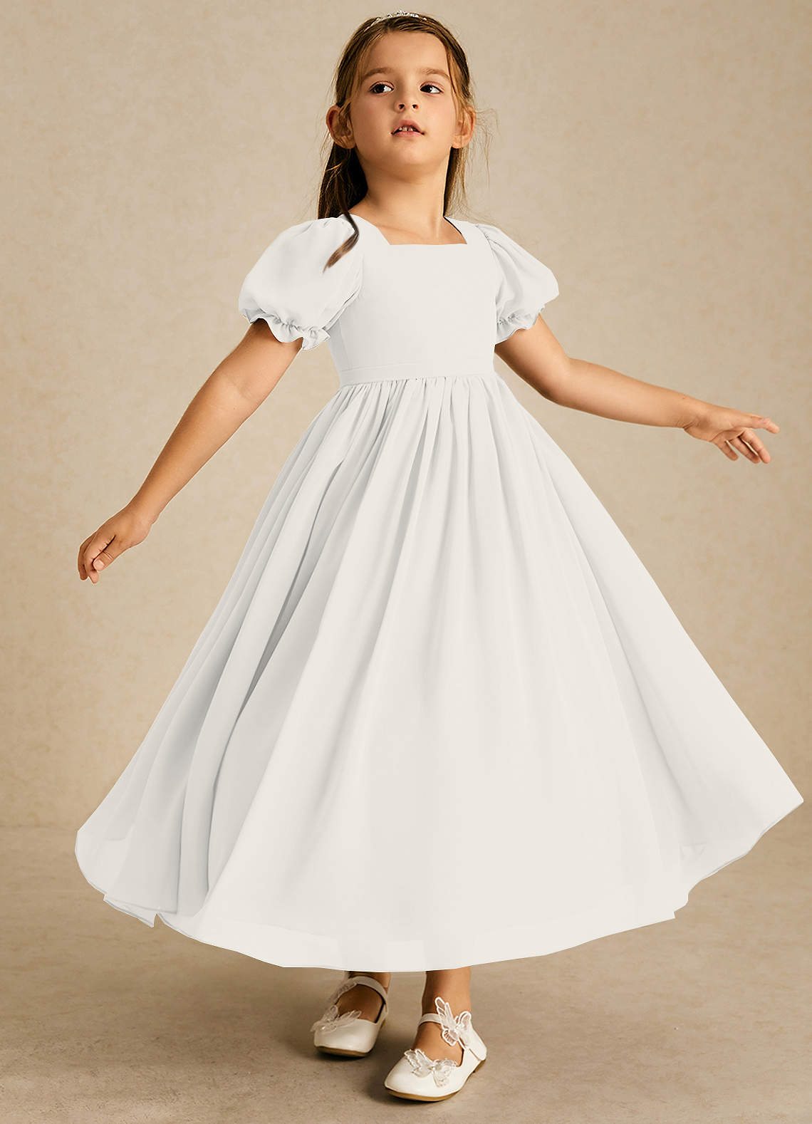 Azazie Joss Flower Girl Dresses Ivory A-Line with Sleeves Chiffon Dress image2