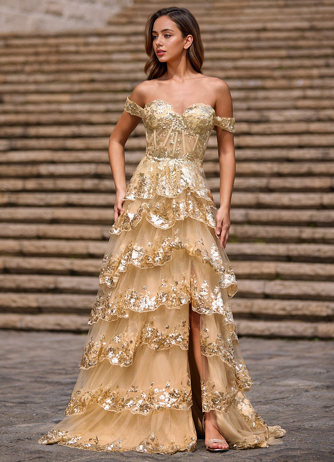 Glitz Champagne Ruffled A-line Prom Dress image1